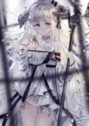 Rule 34 | 1girl, animal, arknights, bare shoulders, bird, black ribbon, blush, commentary request, curled horns, dress, grey eyes, grey hair, hair ribbon, hand up, highres, holding, horns, long hair, long sleeves, looking at viewer, nightingale (arknights), parted lips, ribbon, sleeveless, sleeveless dress, sleeves past wrists, solo, tandohark, thigh gap, very long hair, white dress