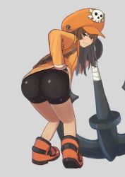 Rule 34 | 1girl, anchor, arc system works, artist request, ass, bike shorts, blush, boots, brown eyes, brown hair, embarrassed, from behind, guilty gear, guilty gear strive, hand in pocket, highres, hood, hoodie, leaning, leaning forward, long hair, looking at viewer, looking back, may (guilty gear), shiny clothes, solo, sweatdrop