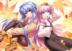 Rule 34 | 2girls, alternate costume, arm up, autumn, autumn leaves, back-to-back, black pantyhose, blue eyes, blue hair, blunt bangs, blush, boots, braid, breasts, brown dress, brown footwear, casual, chestnut mouth, cleavage, cleavage cutout, clothing cutout, commentary, company connection, crossover, crown braid, dress, english commentary, eyelashes, eyes visible through hair, falling leaves, hair between eyes, hair bun, hair spread out, head tilt, highres, holding, holding leaf, jacket, kamisama ni natta hi, key (company), knees together feet apart, knees up, large breasts, leaf, leg up, lips, long hair, looking at object, multiple girls, off shoulder, open clothes, open jacket, open mouth, pantyhose, pink hair, red eyes, satou hina (kamisama ni natta hi), second-party source, shirt, sidelocks, sitting, sleeves past wrists, small breasts, smile, sorakado ao, summer pockets, surprised, upturned eyes, very long hair, white shirt, wide sleeves, yellow jacket, zen (kamuro)