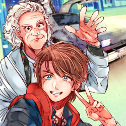 Rule 34 | 2boys, back to the future, blue eyes, brown hair, car, delorean, emmett brown, friends, looking at viewer, marty mcfly, motor vehicle, multiple boys, salute, science fiction, smile, tagme, time travel, v, white hair