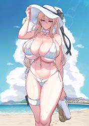 Rule 34 | 1girl, absurdres, beach, bikini, blonde hair, breasts, choker, cleavage, collarbone, day, flip-flops, graf zeppelin (kancolle), hat, highres, holding, holding clothes, holding footwear, huge breasts, kantai collection, looking at viewer, outdoors, purple eyes, sandals, side-tie bikini bottom, sidelocks, skindentation, smile, solo, sun hat, swimsuit, twintails, umauma (trggercross), upper body, white bikini, wide hips