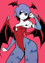 Rule 34 | 1girl, akableak, animal print, bare shoulders, bat print, bat wings, blue gloves, breasts, cleavage, cleavage cutout, closed mouth, clothing cutout, collarbone, commentary, elbow gloves, frown, gloves, hair between eyes, head wings, highres, leotard, lilith aensland, purple hair, red background, red eyes, red leotard, short hair, small breasts, solo, thighs, vampire (game), wings