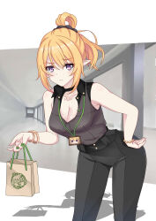 Rule 34 | 1girl, bag, black pants, black shirt, blonde hair, bracelet, breasts, chloe (princess connect!), cleavage, collared shirt, highres, holding, holding bag, jewelry, leaning forward, long hair, maxwelzy, medium breasts, necklace, pants, paper bag, pointy ears, ponytail, princess connect!, purple eyes, shadow, shirt, shirt tucked in, sleeveless, sleeveless shirt, solo