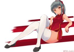 Rule 34 | 1girl, alternate costume, blush, bow, breasts, china dress, chinese clothes, closed mouth, dress, full body, grey hair, hair bow, highres, kantai collection, looking at viewer, ponytail, red dress, shoes, simple background, sitting, small breasts, solo, thighhighs, uut, white background, white thighhighs, yuubari (kancolle)