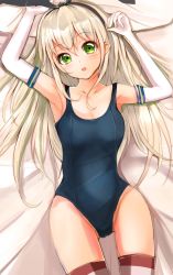 Rule 34 | 10s, 1girl, :o, alternate costume, arm up, armpits, arms up, bad id, bad pixiv id, bed sheet, blonde hair, blue one-piece swimsuit, blush, breasts, cameltoe, collarbone, covered erect nipples, covered navel, cowboy shot, dakimakura (medium), elbow gloves, from above, gloves, green eyes, hair ribbon, hairband, head tilt, highres, indoors, kantai collection, long hair, looking at viewer, lying, on back, one-piece swimsuit, pillow, ribbon, school swimsuit, shimakaze (kancolle), small breasts, solo, striped clothes, striped thighhighs, swimsuit, thighhighs, velia, very long hair, white gloves, white hair, wide hips
