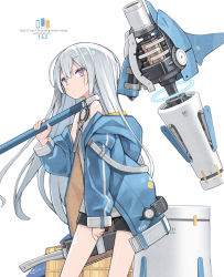 Rule 34 | 1girl, bare shoulders, black shorts, blue jacket, closed mouth, commentary request, hair between eyes, hand up, highres, holding, hood, hood down, hooded jacket, jacket, kine, long hair, mallet, off shoulder, open clothes, open jacket, original, poco (asahi age), purple eyes, shirt, short shorts, shorts, silver hair, simple background, sleeveless, sleeveless shirt, solo, standing, very long hair, white background, white shirt