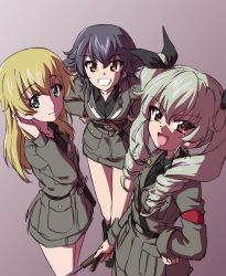 Rule 34 | 3girls, :d, anchovy (girls und panzer), anzio military uniform, bad id, bad twitter id, black hair, black shirt, blonde hair, braid, brown eyes, carpaccio (girls und panzer), closed mouth, cowboy shot, drill hair, erakin, girls und panzer, green eyes, green hair, green jacket, green shirt, grey background, hand on own hip, hands on own hips, highres, jacket, leaning forward, long hair, long sleeves, looking at viewer, medium hair, multiple girls, necktie, open mouth, pepperoni (girls und panzer), riding crop, shirt, simple background, smile, standing, teeth, twintails