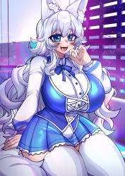 Rule 34 | 1girl, animal ears, blue eyes, blush, breasts, curvy, fangs, huge breasts, indie virtual youtuber, long hair, lumi (merryweather), open mouth, osiimi, silver hair, sitting, smile, solo, tail, thick thighs, thighhighs, thighs, virtual youtuber, wide hips