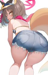 Rule 34 | 1girl, absurdres, animal ears, bad anatomy, bad face, bikini, black hair, blue archive, blue shorts, denim, denim shorts, eyeshadow, fang, feet out of frame, fox ears, fox tail, from behind, highres, izuna (blue archive), izuna (swimsuit) (blue archive), kneepits, makeup, official alternate costume, open mouth, red eyeshadow, short hair, shorts, simple background, skin fang, solo, sorozukin, striped bikini, striped clothes, swimsuit, tail, white background, yellow eyes