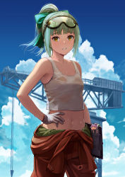 Rule 34 | 2girls, blunt bangs, breasts, clothes around waist, cloud, day, fairy (kancolle), gloves, goggles, goggles on head, green hair, hair ribbon, hand on own hip, jumpsuit, jumpsuit around waist, kantai collection, long hair, midriff, multiple girls, navel, orange jumpsuit, outdoors, ponytail, ribbon, sky, small breasts, sweat, tank top, tantaka, wet, wet clothes, white tank top, yellow eyes, yuubari (kancolle)