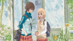 Rule 34 | 2girls, artist request, asagao to kase-san, bag, blonde hair, blush, brown hair, collared shirt, couple, flower, glass, grass, happy, height difference, jacket, kase tomoka, looking at another, multiple girls, neck ribbon, official art, open mouth, pink flower, plant, reflection, ribbon, school uniform, shirt, short hair, skirt, smile, uniform, vest, white shirt, yamada yui, yellow eyes, yellow flower, yuri