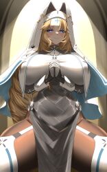 Rule 34 | 1girl, black robe, blonde hair, blue eyes, blush, bodystocking, bracelet, braid, breasts, closed mouth, cross, cross necklace, cross tattoo, dai sao, facial mark, forehead mark, forehead tattoo, goddess of victory: nikke, habit, huge breasts, jewelry, legwear garter, long hair, necklace, nun, own hands together, rapunzel (nikke), robe, smile, solo, spread legs, thighhighs, very long hair, white robe, white thighhighs, white veil