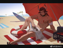 Rule 34 | 1boy, amo (amo9612), animal ears, arknights, beach, beach towel, beach umbrella, brown eyes, brown hair, can, cow ears, cow horns, day, drink can, drinking straw, horns, innertube, knee up, long hair, male focus, matterhorn (arknights), mouth hold, naked towel, navel, outdoors, sandals, sketch, soda can, solo, surfboard, swim ring, towel, umbrella, watermark, whistle