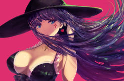 Rule 34 | 1girl, arm up, bad id, bad pixiv id, bikini, black bikini, black hat, breasts, breasts apart, commentary request, cross, earrings, facial mark, fate/grand order, fate (series), hat, head tilt, heart, heart earrings, jewelry, large breasts, long hair, looking at viewer, martha (fate), martha (swimsuit ruler) (fate), martha (swimsuit ruler) (first ascension) (fate), minyom, parted lips, pink background, purple eyes, purple hair, simple background, solo, sun hat, swimsuit, very long hair