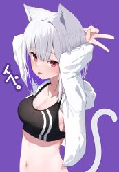 Rule 34 | 1girl, absurdres, animal ears, arms behind head, arms up, breasts, cat ears, cat tail, closed mouth, commentary request, grey hair, hair between eyes, highres, hood, hood down, hooded jacket, jacket, long sleeves, looking at viewer, medium breasts, memekko, multicolored hair, navel, open clothes, open jacket, original, purple background, purple hair, red eyes, simple background, solo, tail, tongue, tongue out, translation request, two-tone hair, upper body, v, white jacket