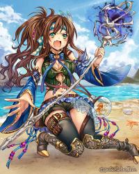 Rule 34 | 1girl, beach, blush, breasts, brown hair, cleavage, cloud, company name, day, detached sleeves, eikou no guardian battle, fang, fish, goldfish, green eyes, headband, highres, long hair, madogawa, magic, medium breasts, midriff, navel, official art, open mouth, outdoors, ponytail, sky, solo, staff, wavy hair
