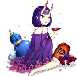 Rule 34 | 1girl, :d, bare shoulders, barefoot, blush, breasts, cup, fate/grand order, fate (series), food, fruit, gourd, grapes, hair ornament, holding, horns, lantern, looking at viewer, looking to the side, off shoulder, oni, open mouth, paper lantern, petals, pointy ears, purple eyes, purple hair, rocm (nkkf3785), sakazuki, shide, short hair, shuten douji (fate), shuten douji (first ascension) (fate), simple background, sitting, skin-covered horns, small breasts, smile, solo, wariza, white background