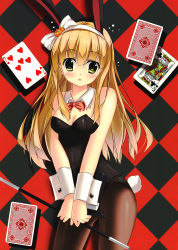 Rule 34 | 10s, 1girl, animal ears, argyle, argyle background, argyle clothes, azuki azusa, black pantyhose, blonde hair, blush, breasts, card, checkered background, cleavage, fake animal ears, hentai ouji to warawanai neko., highres, kaho okashii, king (playing card), king of clubs, leotard, own hands together, pantyhose, playboy bunny, playing card, rabbit ears, rabbit tail, simple background, standing, tail, v arms, wand, wrist cuffs, yellow eyes