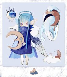 Rule 34 | 1other, androgynous, animal, bird, blue background, blue coat, blue eyes, blue hair, blue halo, closed eyes, cloud, coat, colored sclera, crescent moon, crying, crying with eyes open, dripping, expressionless, eyelashes, feathered wings, full-length zipper, halo, head wings, high collar, holding, li04r, long hair, looking at viewer, melting halo, moon, original, simple background, single wing, surreal, swan, teardrop, tears, very long hair, white wings, wings, yellow sclera, zipper