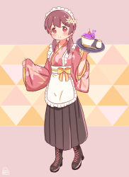 Rule 34 | 1girl, apron, bad food, black footwear, black skirt, boots, cherry, colored inner hair, commentary, cross-laced footwear, food, frilled apron, frills, fruit, full body, hair ornament, highres, holding, holding tray, long hair, long sleeves, low twintails, maid, maid headdress, multicolored hair, murosaki miyo, omochi tabeyo97, onii-chan wa oshimai!, pink hair, red eyes, red hair, simple background, skirt, sleeves past wrists, smile, solo, spoon, tray, twintails, two-tone hair, wa maid, wide sleeves