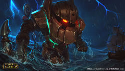 Rule 34 | 1boy, absurdres, anchor, armor, armored boots, black gloves, boots, clenched hand, copyright name, cowboy shot, full armor, giant, gloves, helmet, highres, holding, joaowbenfica, league of legends, lightning, nautilus (league of legends), rain, red eyes, ship, shoulder armor, solo, standing, storm, water, watercraft, watermark, web address