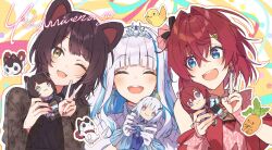 Rule 34 | 3girls, ange katrina, animal ears, anniversary, black shirt, blue eyes, blush, brown hair, carrot, character doll, closed eyes, dog ears, doll, dress, earrings, facing viewer, fangs, fingerless gloves, gloves, hair intakes, highres, holding, holding doll, inui toko, jewelry, lize helesta, long hair, long sleeves, looking at another, looking at viewer, multiple girls, nijisanji, open mouth, outline, red dress, red hair, red nails, sebastian piyodore, shirt, short hair, smile, talunilu uu3, tiara, upper body, v, virtual youtuber, white gloves, white hair, white outline, yellow eyes