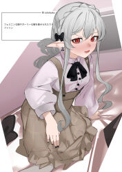 Rule 34 | 1girl, absurdres, alternate costume, ao oni (onioni-aoi), arknights, black bow, black nails, black ribbon, blush, bow, braid, brown dress, buttons, collared shirt, commentary request, dress, dress shirt, ear blush, earrings, embarrassed, fangs, fingernails, grey hair, hair bow, highres, jewelry, long hair, long sleeves, looking at viewer, nail polish, neck ribbon, open mouth, pinafore dress, plaid, plaid dress, pointy ears, puffy long sleeves, puffy sleeves, red eyes, request inset, ribbon, shirt, sidelocks, sitting, sketch background, sleeveless, sleeveless dress, slit pupils, solo, translation request, unfinished, vampire, warfarin (arknights), white shirt