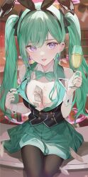 Rule 34 | 1girl, animal ears, black nails, bow, bowtie, breasts, cleavage, cup, ear piercing, green hair, hair ribbon, highres, holding, holding cup, long hair, looking at viewer, medium breasts, mole, mole on breast, nakashima (pluscolor), piercing, purple eyes, rabbit ears, rabbit girl, ribbon, sitting, solo, swept bangs, twintails, virtual youtuber, vspo!, yakumo beni