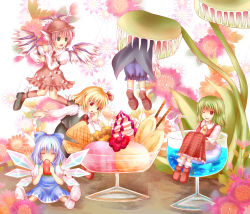 Rule 34 | 5girls, animal ears, ascot, bad id, bad pixiv id, blonde hair, blue hair, bow, cape, cirno, cup, dress, food, fruit, green hair, hair bow, hat, head wings, highres, ice cream, in container, in cup, in food, kazami yuuka, kosaka, mini person, minigirl, multiple girls, mystia lorelei, nature, pinafore dress, pink hair, plaid, plaid skirt, plaid vest, plant, rumia, skirt, skirt set, sleeveless, sleeveless dress, strawberry, team 9 (touhou), touhou, venus flytrap, vest, vore, wings, wriggle nightbug, wrist cuffs