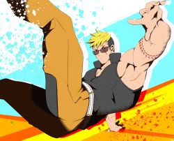 Rule 34 | 1boy, armpits, bara, blonde hair, crotchless, crotchless pants, crow (siranui), dancing, feet out of frame, highres, looking at viewer, male focus, multicolored hair, muscular, muscular male, orange pants, pants, pectoral cleavage, pectorals, red eyes, scar, scar across eye, scar on face, short hair, sideburns, sidepec, sleeveless, sleeveless jacket, solo, sunglasses, onogami tetsuya, tokyo houkago summoners, two-tone hair