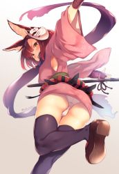 Rule 34 | 1girl, animal ear fluff, animal ears, ass, black thighhighs, blush, breasts, brown hair, calm mashiro, cameltoe, clog sandals, etrian odyssey, floral print, fox mask, highres, hound (sekaiju), japanese clothes, katana, kimono, looking at viewer, looking back, mask, mask on head, medium breasts, okobo, open mouth, orange eyes, outstretched arms, panties, pantyshot, pink kimono, pouch, rabbit ears, sandals, scarf, sekaiju no meikyuu, sekaiju no meikyuu 5, sheath, short hair, short kimono, sideboob, solo, sword, teeth, thighhighs, twitter username, underwear, upper teeth only, weapon, white panties, wrist guards