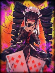 Rule 34 | 1girl, black hair, black jacket, black skirt, black thighhighs, blood, blunt bangs, card, celestia ludenberg, danganronpa: trigger happy havoc, danganronpa (series), earrings, frilled skirt, frills, glowing, headdress, highres, holding, holding card, jacket, jewelry, layered skirt, long hair, necktie, open clothes, open jacket, pink blood, playing card, print necktie, red background, red eyes, red necktie, skirt, solo focus, thighhighs, twintails, zui nianshao
