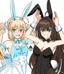 Rule 34 | 2girls, ahoge, animal ears, aozaki aoko, arms up, artoria caster (fate), artoria caster (swimsuit) (fate), artoria caster (swimsuit) (second ascension) (fate), artoria pendragon (fate), bare shoulders, black leotard, blonde hair, blue dress, blue eyes, blush, bow, bowtie, breasts, brown hair, brown pantyhose, detached collar, dress, fake animal ears, fake tail, fate/grand order, fate (series), fishnet pantyhose, fishnets, green eyes, grin, hairband, highleg, highleg leotard, highres, leotard, long hair, looking at viewer, mahou tsukai no yoru, multiple girls, open mouth, pantyhose, playboy bunny, puffy short sleeves, puffy sleeves, rabbit ears, rabbit tail, short sleeves, skirt, small breasts, smile, tail, twintails, umirunie, white skirt, wrist cuffs
