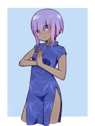 Rule 34 | 1girl, alternate costume, blue background, blue dress, blush, border, breasts, china dress, chinese clothes, closed mouth, cowboy shot, cropped legs, dark-skinned female, dark skin, dress, fate/prototype, fate/prototype: fragments of blue and silver, fate (series), hair between eyes, hassan of serenity (fate), highres, i.u.y, looking at viewer, own hands together, print shirt, purple eyes, purple hair, shirt, short hair, short sleeves, side slit, simple background, small breasts, smile, solo, standing, white border