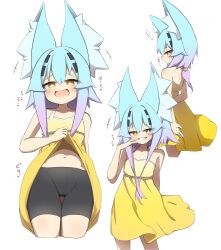 Rule 34 | !, +++, 1girl, :d, absurdres, animal ear fluff, animal ears, bare arms, bare shoulders, bike shorts, black shorts, blue hair, collarbone, commentary request, commission, cropped legs, dress, fang, gradient hair, grin, groin, hair between eyes, hair ornament, hairclip, highres, idaten93, looking at viewer, multicolored hair, multiple views, navel, open mouth, original, purple hair, shorts, shorts under dress, simple background, skeb commission, sleeveless, sleeveless dress, smile, teruteru-chan, thigh gap, translation request, white background, yellow dress