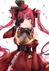 Rule 34 | 1girl, absurdres, black gloves, blush, breasts, cleavage, dress, eyepatch, gloves, hair ribbon, heterochromia, highres, hololive, houshou marine, houshou marine (gothic lolita), large breasts, long hair, looking at viewer, red eyes, red hair, ribbon, see-through, see-through cleavage, smile, solo, twintails, virtual youtuber, yukineko1018