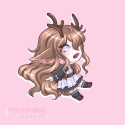 Rule 34 | 1girl, absurdres, animal ears, antlers, apron, black dress, chibi, deer antlers, deer ears, deer girl, dress, frilled dress, frills, from side, full body, highres, horns, long hair, open mouth, original, persepholeeh, pink background, plaid, plaid apron, purple eyes, simple background, solo