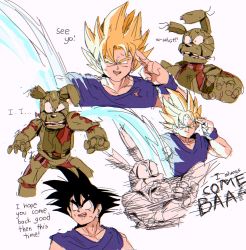 Rule 34 | 2boys, animal ears, battle, battle damage, bendedede, black eyes, black hair, blonde hair, blue eyes, blue shirt, blue wristband, commentary, crossover, destroyed, dragon ball, dragonball z, energy ball, english commentary, english text, five nights at freddy&#039;s, genki dama, hand on own face, highres, male focus, multiple boys, multiple views, non-humanoid robot, open mouth, rabbit ears, robot, robot animal, shirt, son goku, spiked hair, springtrap, super saiyan, super saiyan 1, sweat, sweatdrop, teeth, upper teeth only, wristband