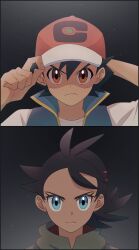 Rule 34 | 2boys, adjusting clothes, adjusting headwear, ash ketchum, black hair, blue eyes, blue vest, brown eyes, closed mouth, commentary request, creatures (company), frown, game freak, goh (pokemon), grey shirt, hair between eyes, hand on headwear, hands up, hat, highres, male focus, multiple boys, nintendo, pokemon, pokemon (anime), pokemon journeys, red headwear, rei hinketsu, shirt, short hair, vest, white shirt
