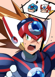 Rule 34 | 3boys, android, axl (mega man), brown hair, chibi, commentary request, closed eyes, green eyes, helmet, lower teeth only, mega man (series), mega man x: command mission, x (mega man), mega man x (series), multiple boys, open mouth, parco 1315, robot, scar, scar on face, simple background, sweatdrop, teeth, upper body, upper teeth only, zero (mega man)