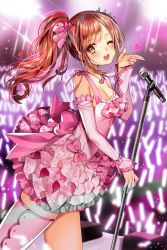 Rule 34 | 10s, 1girl, bad id, bad pixiv id, bare shoulders, blush, breasts, brown eyes, brown hair, cleavage, commission, detached sleeves, dress, gambe, hair ornament, idolmaster, idolmaster cinderella girls, igarashi kyoko, jewelry, long hair, looking at viewer, microphone, nail polish, necklace, one eye closed, open mouth, pink dress, pink thighhighs, side ponytail, single thighhigh, smile, solo, thighhighs