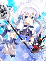 Rule 34 | 1girl, :o, animal, anko (gochiusa), black wings, blue bow, blue eyes, blue hair, blue skirt, blue vest, blush, bow, character hat, commentary request, crown, gloves, gochuumon wa usagi desu ka?, hair between eyes, hair ornament, highres, holding, holding spoon, holding staff, kafuu chino, long hair, looking at viewer, magical girl, mini crown, outline, parted lips, puffy short sleeves, puffy sleeves, purple bow, rabbit, red bow, revision, ryoutan, shirt, short sleeves, skirt, spoon, staff, striped, striped bow, tippy (gochiusa), twintails, very long hair, vest, white gloves, white outline, white shirt, white wings, wild geese, wings, x hair ornament