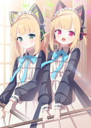 Rule 34 | 2girls, animal ear headphones, animal ears, apron, black dress, blonde hair, blue archive, blush, dress, fake animal ears, green eyes, green halo, halo, headphones, highres, kaerunrun, long sleeves, looking at viewer, maid, maid apron, maid headdress, midori (blue archive), midori (maid) (blue archive), momoi (blue archive), momoi (maid) (blue archive), multiple girls, official alternate costume, open mouth, parted lips, pink halo, red eyes, short hair, siblings, sisters, twins, white apron