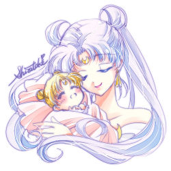 Rule 34 | 2girls, aged down, baby, baby carry, bishoujo senshi sailor moon, blonde hair, carrying, crescent, crescent facial mark, double bun, earrings, closed eyes, facial mark, forehead mark, hair bun, jewelry, long hair, lowres, mother and daughter, multiple girls, princess serenity, queen serenity, shirataki kaiseki, short hair, signature, smile, tsukino usagi, twintails, upper body, white background, white hair