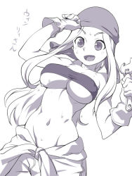 Rule 34 | 1girl, blush, breasts, covered erect nipples, female focus, fullmetal alchemist, happy, large breasts, long hair, metata, monochrome, navel, open mouth, smile, solo, sweat, underboob, winry rockbell