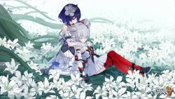 Rule 34 | 2girls, black hair, blue eyes, blue hair, bronya zaychik, bronya zaychik (drive kometa), bronya zaychik (yamabuki armor), chain, closed eyes, colored inner hair, detached sleeves, dress, drill hair, elbow gloves, flower, gloves, grey hair, hair flower, hair ornament, highres, honkai (series), honkai impact 3rd, hug, hug from behind, lily (flower), looking at another, multicolored hair, multiple girls, official art, official wallpaper, puffy short sleeves, puffy sleeves, red legwear, seele vollerei, seele vollerei (stygian nymph), short hair, short sleeves, sitting, twin drills, white dress, white flower, white gloves, white legwear, yuri