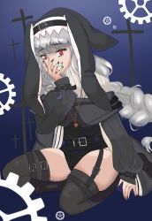 Rule 34 | 1girl, :d, arknights, belt, black headwear, black nails, blue background, boots, braid, cape, covering own mouth, cross, evil smile, gears, grin, hand over own mouth, highres, jewelry, kneeling, long hair, long sleeves, looking at viewer, nail polish, necklace, nun, open mouth, red eyes, self-upload, shaded face, sharp teeth, silver hair, smile, solo, specter (arknights), teeth, thighhighs, very long hair, violaviolinn