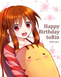 Rule 34 | 1girl, 2017, :d, absurdres, akausagi, animal, animal hug, blush, brown hair, character name, commentary request, dated, doruji, eyelashes, eyes visible through hair, floral print, hair between eyes, happy, happy birthday, highres, little busters!, long hair, long sleeves, looking down, natsume rin, open mouth, ponytail, red eyes, red shirt, shirt, sidelocks, simple background, smile, solo, straight hair, upper body, very long hair, white background