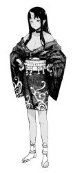 Rule 34 | 1girl, absurdres, bare shoulders, breasts, cleavage, closed mouth, dark-skinned female, dark skin, earrings, ebisumaru (ebisumaru3), full body, greyscale, highres, horns, japanese clothes, jewelry, kimono, large breasts, long hair, monochrome, obi, oni, oni horns, original, pointy ears, rope, sash, shide, shimenawa, short kimono, sidelocks, simple background, single horn, socks, solo, toeless legwear, toes