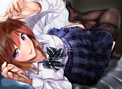 Rule 34 | 1girl, :d, blue skirt, blurry, blurry background, blush, bow, bowtie, breast pocket, breasts, brown hair, buttons, collarbone, collared shirt, crossed legs, garter straps, high-waist skirt, indoors, large breasts, long hair, long sleeves, looking at viewer, lying, nail polish, no shoes, nonohachi, on back, open mouth, original, pink nails, plaid, plaid skirt, pocket, purple eyes, shirt, skirt, smile, solo, thighhighs, white shirt